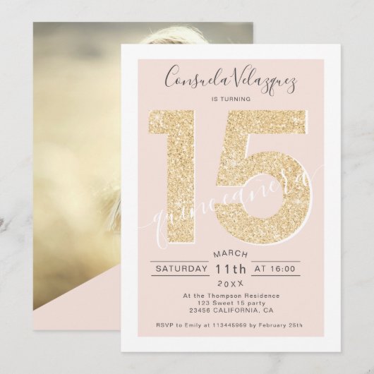 Invitation Scénario de parties scintillant d'or chic photo de (Devant / Derrière)