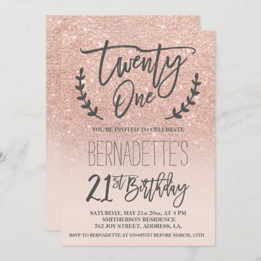 Invitation Scénario de parties scintillant d'or faux rose mod (Devant / Derrière)