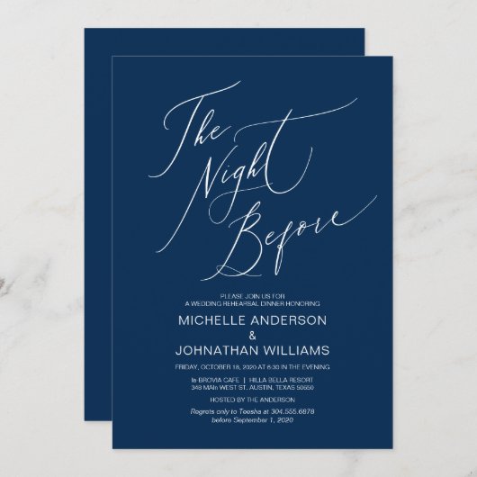 Invitation Scénario moderne, Blue Navy, Dîner de répétition M (Devant / Derrière)