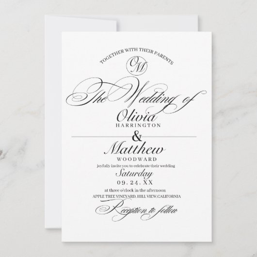 Invitation Scénario romantique classique Mariage de monogramm (Devant)