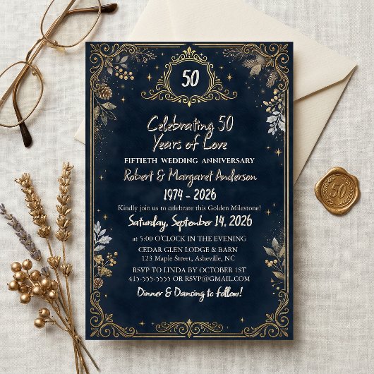 Invitation Scénario Ruby Bleu Simple 50e Anniversaire de Mari