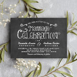Invitation Scénario rustique Chalkboard Mariage Célébration<br><div class="desc">Les invitations de mariage pour une occasion décontractée et chic de tableau noir de charme comprennent des polices de style manuscrites,  des motifs de défilement et des accents d'ampersand qui ont une apparence de craie blanche sur un arrière - plan qui a un aspect rustique texturé de tableau noir.</div>