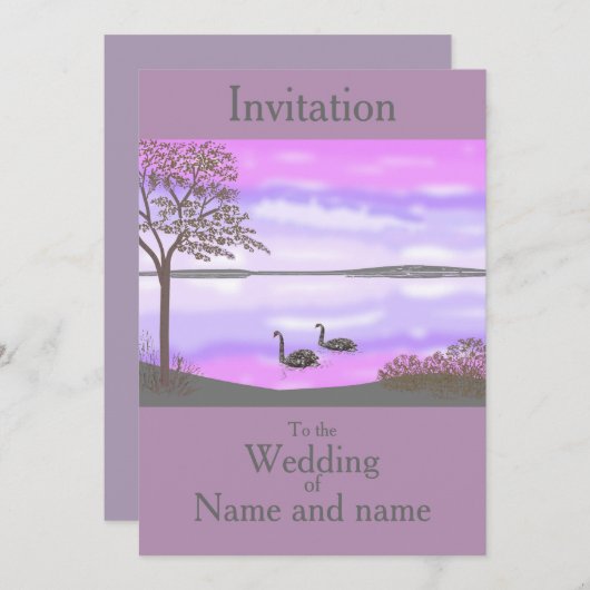 Invitation Scène de coucher de soleil sur le lac Swans Mariag (Devant / Derrière)