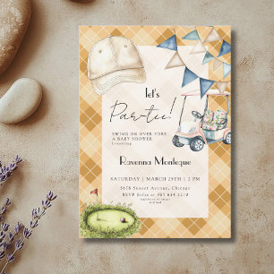Invitation Scène de golf Argyle jaune pour une baby shower Le