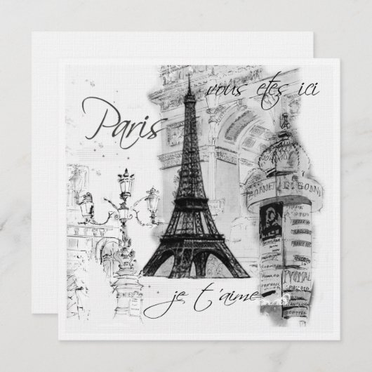 Invitation Scène de la Tour Eiffel en noir et blanc (Devant / Derrière)