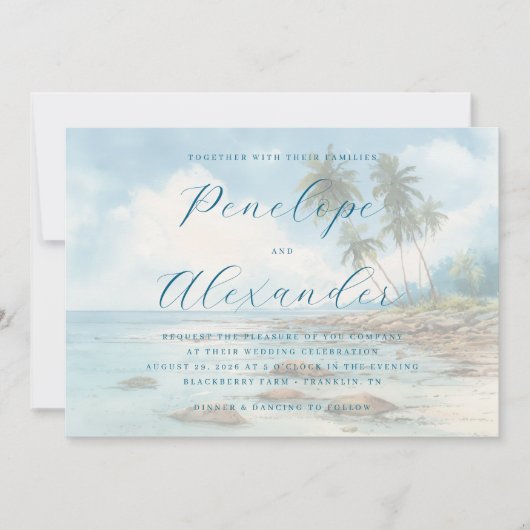 Invitation Scène de plage à l'aquarelle bleu tranquille (Devant)