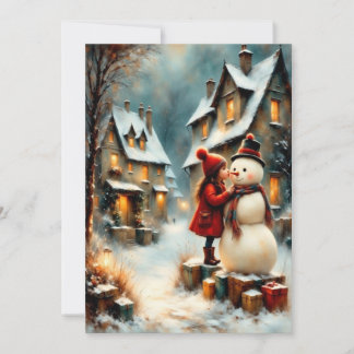 Invitation Scène villageoise hivernale avec fille et bonhomme