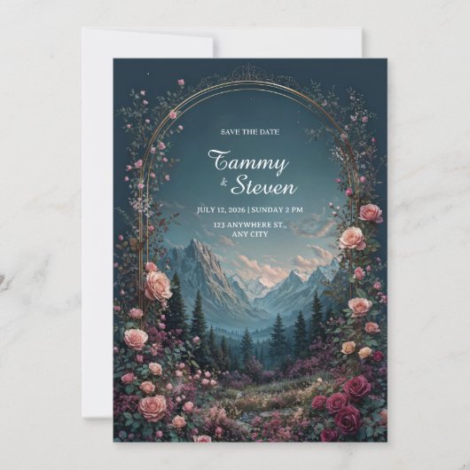 Invitation Scenic Alpine Valley Floral Arch Evening Wedding (Devant)