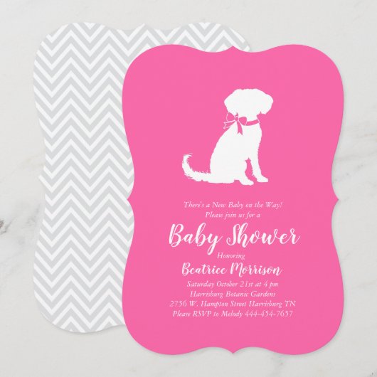 Invitation Schnoodle Chien Baby shower fille rose (Devant / Derrière)