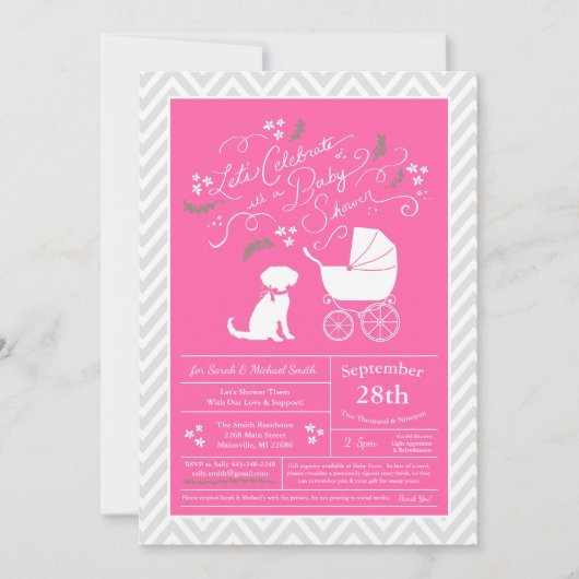 Invitation Schnoodle Chien Baby shower fille rose (Devant)