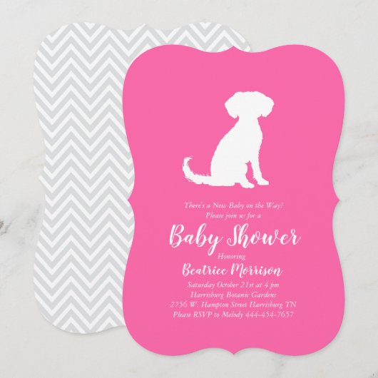 Invitation Schnoodle Chien Baby shower fille rose (Devant / Derrière)