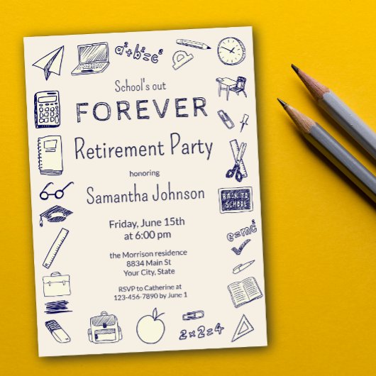 Invitation School's Out Doodle Teacher Retirement Party