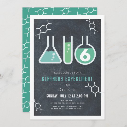 Invitation Science Experiment Black Chalkboard Anniversaire (Devant / Derrière)