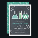 Invitation Science Experiment Black Chalkboard Anniversaire<br><div class="desc">Cette cool "expérience d'anniversaire" science invitation fête d'anniversaire comprend un tableau noir / tableau noir arrière - plan avec des flacons, et un tube test encadré par une bordure blanche. L'envers est composé d'un arrière - plan turquoise avec des motifs moléculaires. Personnalisez-vous pour répondre à vos besoins. Vous pouvez trouver...</div>
