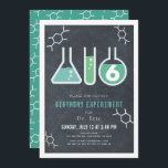 Invitation Science Experiment Black Chalkboard Anniversaire<br><div class="desc">Cette cool "expérience d'anniversaire" science invitation fête d'anniversaire comprend un tableau noir / tableau noir arrière - plan avec des flacons, et un tube test encadré par une bordure blanche. L'envers est composé d'un arrière - plan turquoise avec des motifs moléculaires. Personnalisez-vous pour répondre à vos besoins. Vous pouvez trouver...</div>