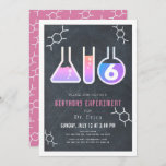 Invitation Science Experiment Black Chalkboard Girl Birthday<br><div class="desc">Cette cool "expérience d'anniversaire", une invitation à la fête d'anniversaire scientifique pour les filles, présente un arrière - plan de tableau noir/tableau noir avec des flacons, et un tube d'essai encadré par une bordure blanche. L'envers est constitué d'un arrière - plan rose avec des motifs moléculaires. Personnalisez-vous pour vos besoins....</div>