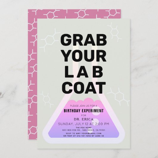 Invitation Science Experiment Flask Neon Rose Girl Anniversai (Devant / Derrière)