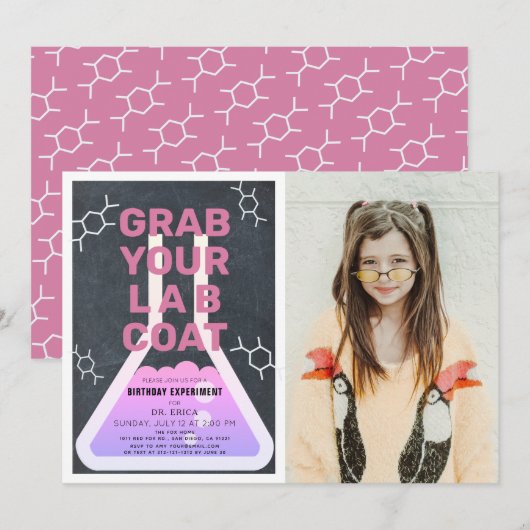Invitation Science Flask Chalkboard Girl Pink Photo Anniversa (Devant / Derrière)