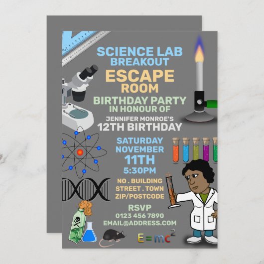 Invitation Science Lab Thème Escape Room, fête d'anniversaire (Devant / Derrière)