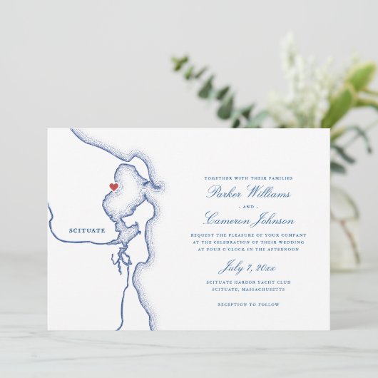 Invitation Scituate Harbour MA Map Elégant Mariage bleu marin (Debout devant)