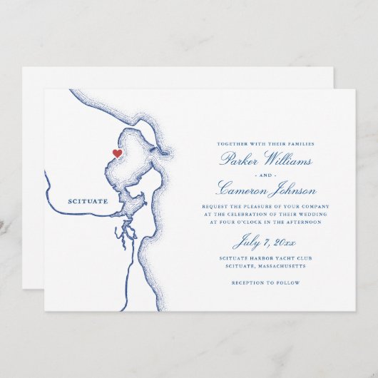 Invitation Scituate Harbour MA Map Elégant Mariage bleu marin (Devant / Derrière)