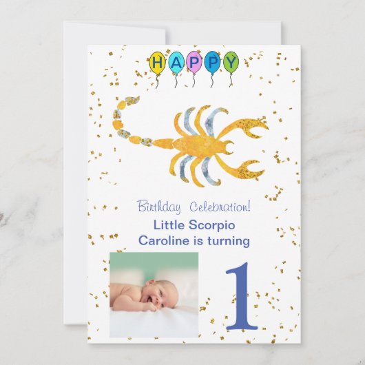 Invitation Scorpio premier anniversaire Or, ballons et photo (Devant)