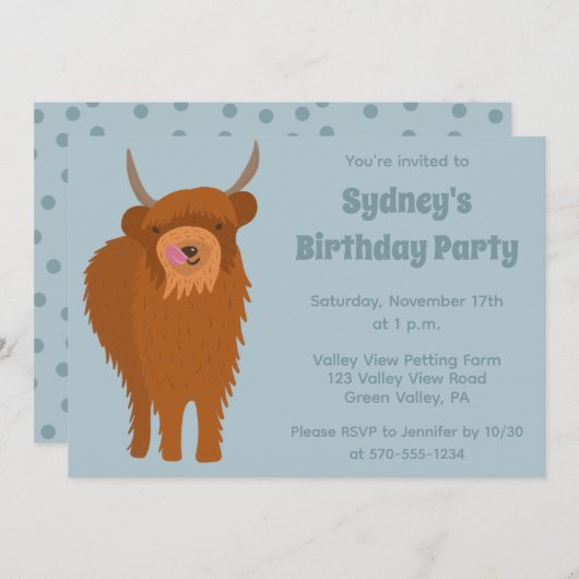 Invitation Scottish Highland Cattle Light Bleu fête d'anniver (Devant / Derrière)