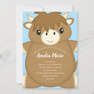 Invitation Scottish Highland Cow Anniversaire Party Blue