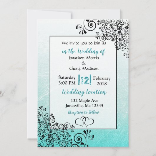 Invitation Scratchy Turquoise et noir Script de mariage Invit (Devant)