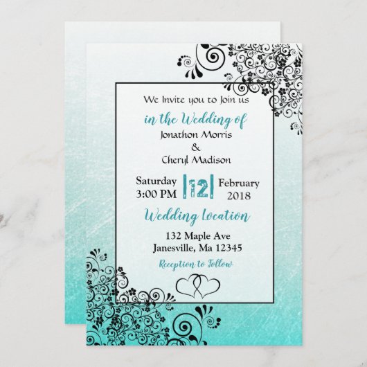 Invitation Scratchy Turquoise et noir Script de mariage Invit (Devant / Derrière)
