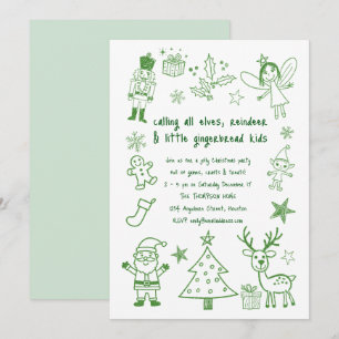 Invitation Scribble Art Parties scintillant Vert Enfants Noël