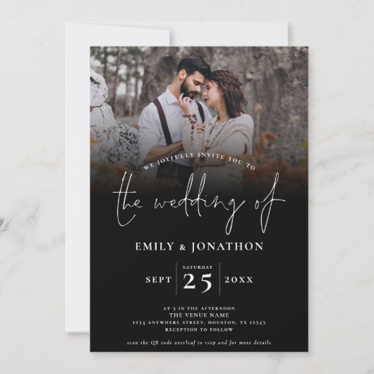 Invitation Script 2 Photos superposer QR Code Mariage noir (Devant)