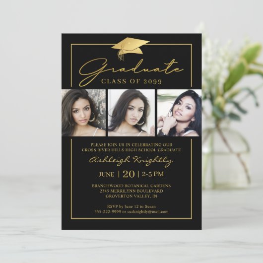 Invitation Script 3 Photos Black Gold (Debout devant)