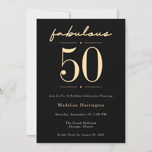 Invitation Script 50 & Fabuleux Anniversaire Noir Or (Devant)