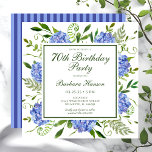 Invitation Script 70th Birthday Blue Hydrangeas<br><div class="desc">Cette hydrangée bleue 70e anniversaire invitation est fantasque et stupéfiant! Avec ses hydrangées bleues multicolores, sa verdure naturelle agitée et ses rayures bleues coordonnées, il est parfait pour votre bien-aimé qui a 70 ans. La police de script est moderne mais classique! En sélectionnant Personnalisez ce modèle et en tapant vos...</div>
