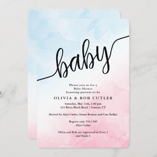 Invitation Script à la main rose et Baby shower bleu (Devant / Derrière)
