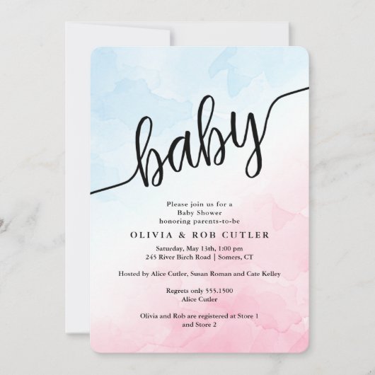 Invitation Script à la main rose et Baby shower bleu (Devant)
