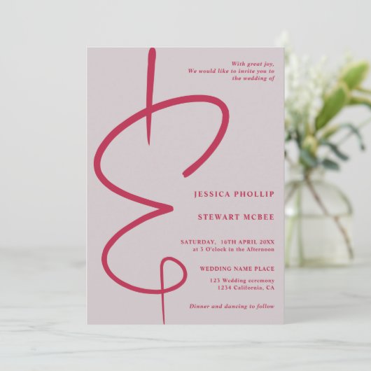 Invitation Script Ampersand photo magenta Qr code mariage (Debout devant)