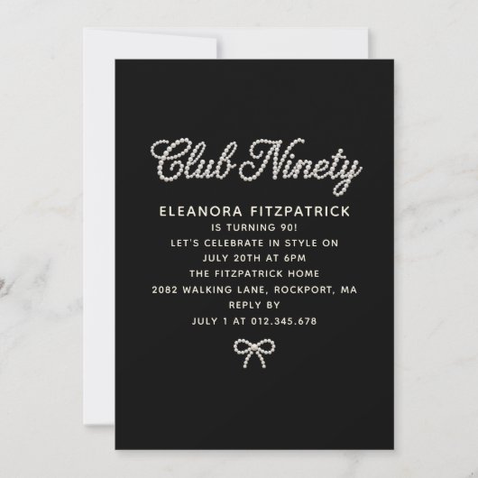 Invitation Script Arc Noir Blanc Perle pour 90e Anniversaire (Devant)