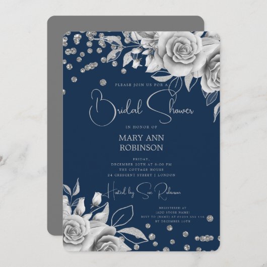 Invitation Script Argent Parties scintillant Florale Fête des (Devant / Derrière)