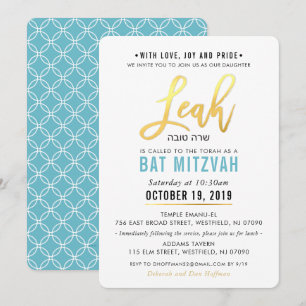 Invitation Script bat mitzvah bleu turquoise or LEAH