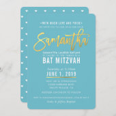 Invitation Script bat mitzvah en or blanc turquoise SAMANTHA (Devant / Derrière)