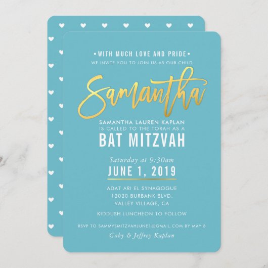 Invitation Script bat mitzvah en or blanc turquoise SAMANTHA (Devant / Derrière)
