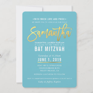 Invitation Script bat mitzvah en or blanc turquoise SAMANTHA