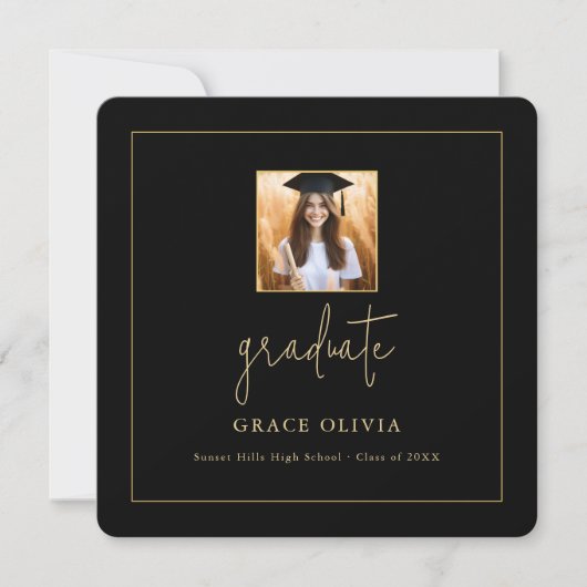 Invitation Script Black and Gold Graduation Party Photo (Devant)