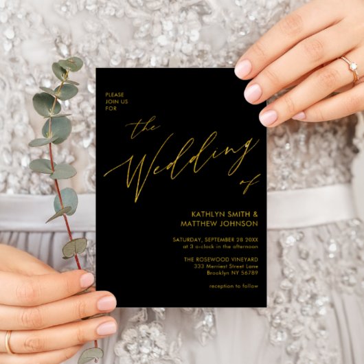 Invitation Script Black Gold Élégant Tout en un Mariage