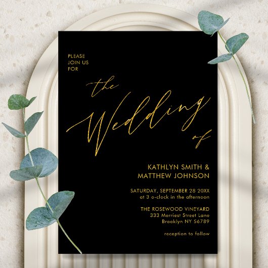 Invitation Script Black Gold Élégant Tout en un Mariage