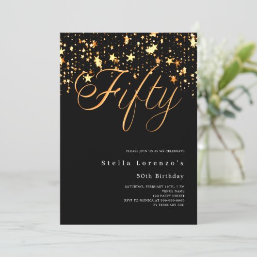 Invitation Script Black or étoiles élégant 50e anniversaire (Debout devant)