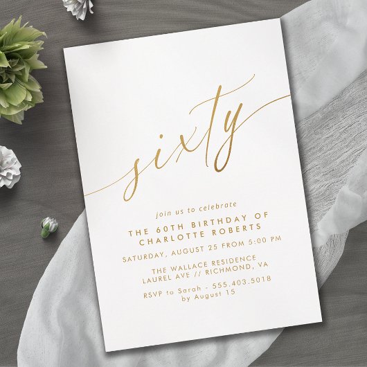 Invitation Script blanc et or | Simple Elegant 60e anniversai