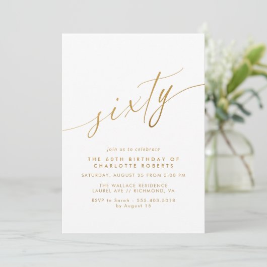 Invitation Script blanc et or | Simple Elegant 60e anniversai (Debout devant)